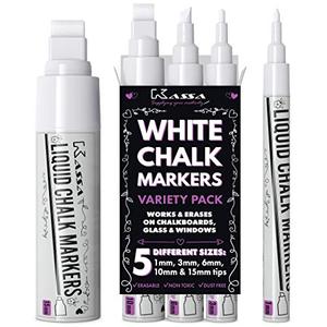 Kassa Chalk Markers - 5 Pack, White, 1mm/3mm/6mm/10mm/15mm Tips - Erasable Liquid Chalk Pens for Chalkboard, Glass & Windows - Dust-Free, Washable