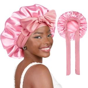 Yanibest Adjustable Satin Bonnet for Sleeping, Double Layer Silk Hair Bonnet with Tie Band for Unisex Women Men Curly Natural (Light Pink)