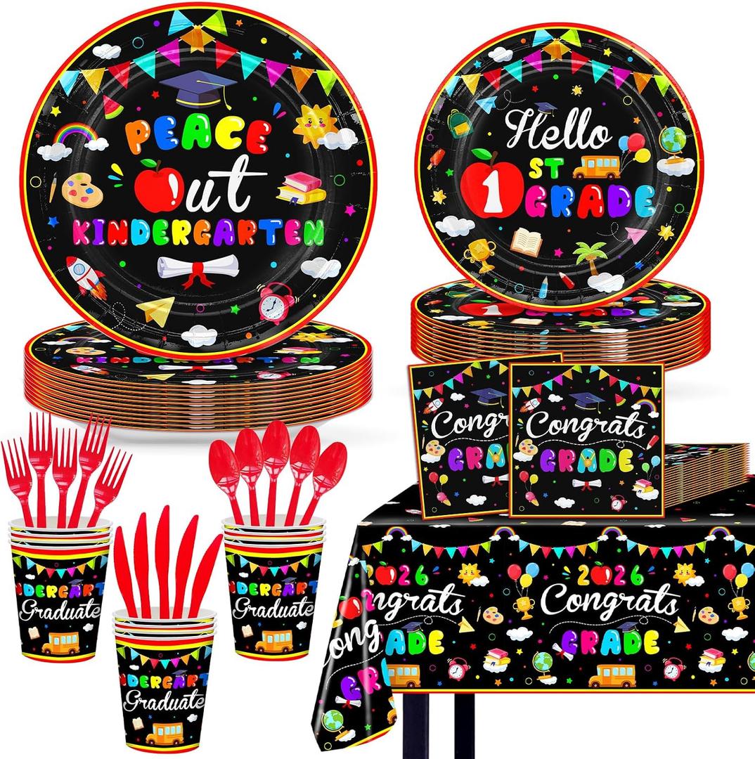 Kindergarten Graduation Decorations 169 Pcs 2026 Congrats Grad Plates Napkins Cups Tablecloth Tableware Set Peace Out Kindergarten Graduation Party Supplies Serve 24