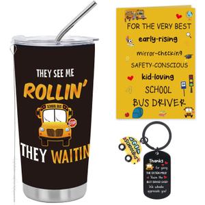 3 Pcs School Bus Driver Gifts Set, 20 oz Coffee Mug Keychain Greeting Card Gifts Set for School Bus Driver, Thank You Appreciation Gift Box for Bus Driver Women Man