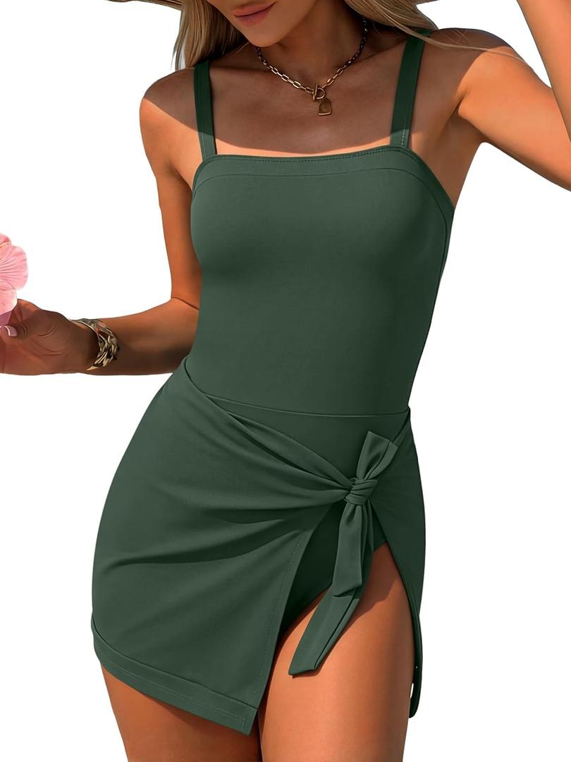 ANRABESS Swimsuits for Women One Piece Swim Dress Tummy Control Bathing Suit Full Coverage Wrap Skirt Tie Knot 2026 Swimwear (X-Large, Army Green)