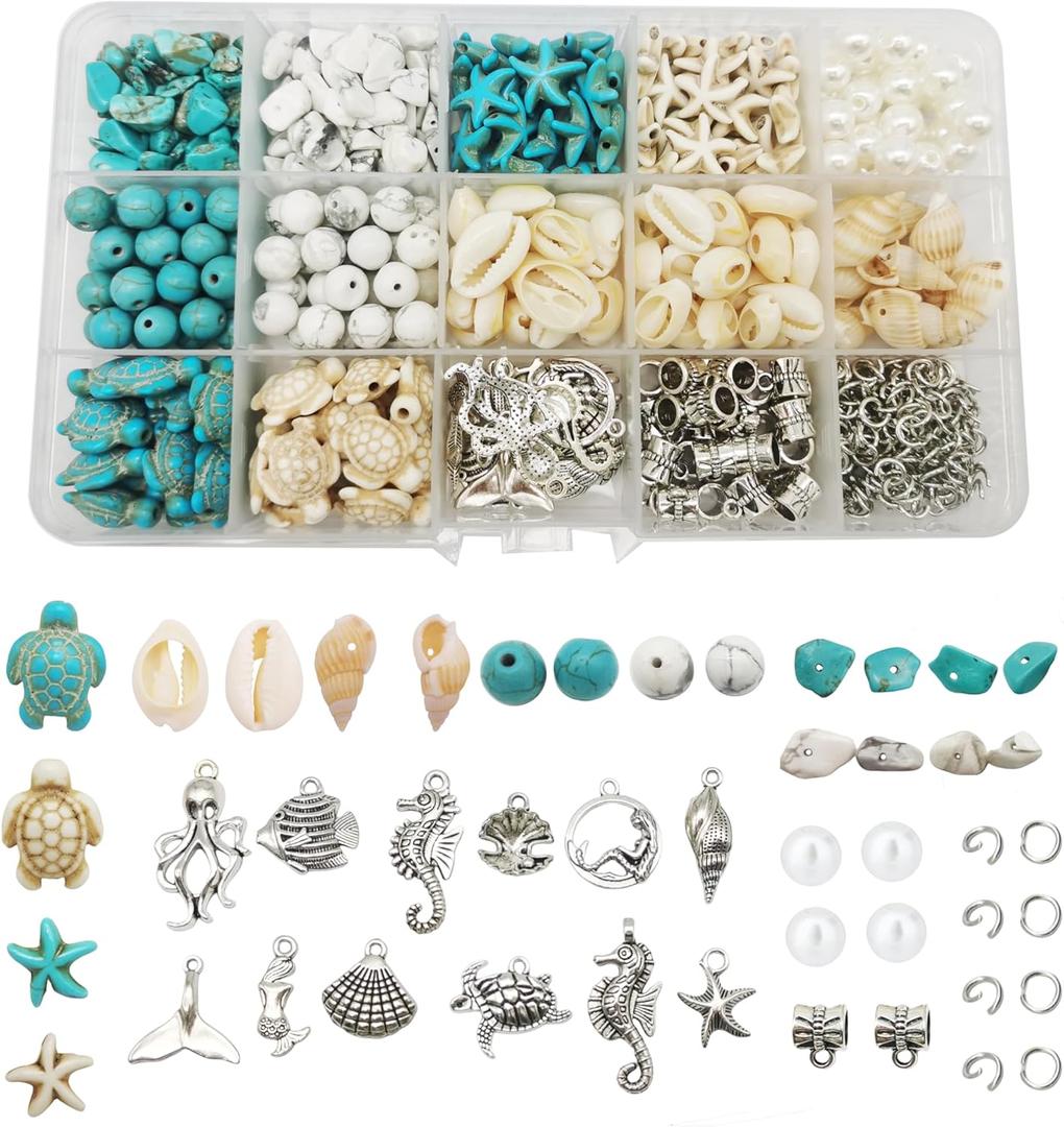 Julie Wang 422 PCS Antique Silver Alloy Pendants Seashells Man-Made Turquoise Beads Starfish Turtle Ocean Charms for Jewelry Making Summer Beach Bead Necklace Earring Bracelet Craft DIY Accessory