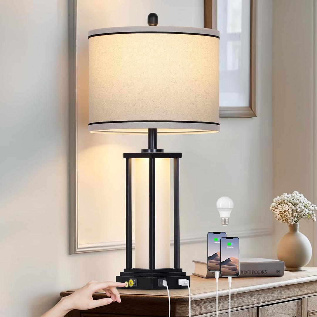 27in Tall Farmhouse Table Lamp with USB C+A & Outlet,Black Industrial End Table Lamp for Living Room,Vintage Rustic Bedside Lamp with Night Light for Bedroom Nightstand,Single Black