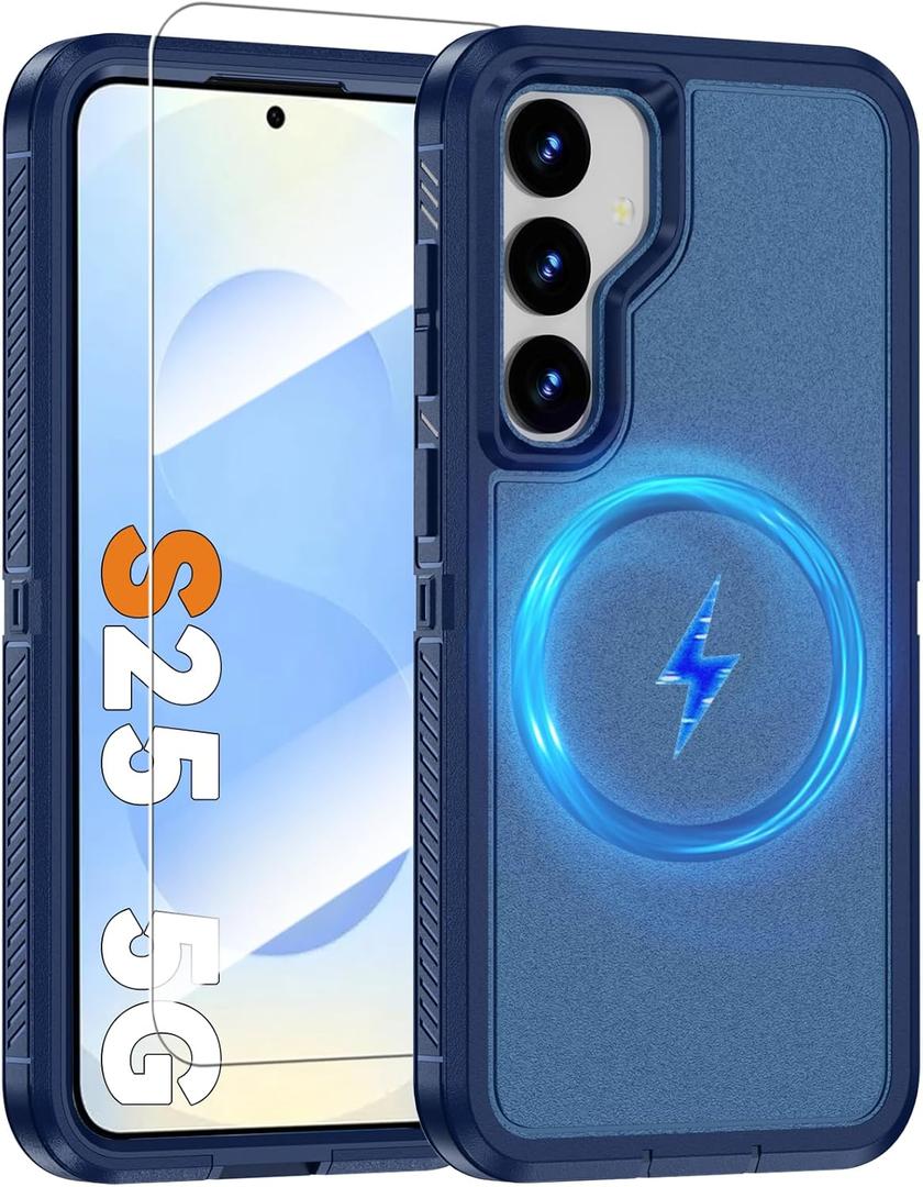 Magnetic Case for Samsung Galaxy S25 with Screen Protector [Compatible with MagSafe Wireless Charging] [Dual Layer Military-Grade Protection] Heavy Duty Rugged Shockproof Protection Cover, Blue