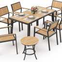 Pamapic 8-Piece Patio Dining SetOutdoor Aluminum Furniture Set with Plastic-Wood Table Top,Outdoor Furniture Set with 6 Outdoor Stackable Chairs for Patio Garden Poolside (Teak)