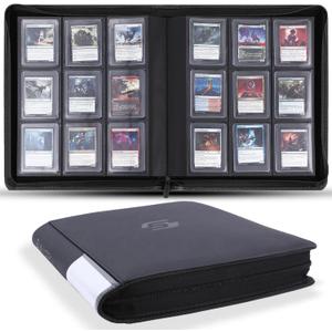 Snekdy Top loader Binder, 9 Pockets Top LoaderHolds 360 Top Loaders cards, Card binder with Sleeves for card in 3 x 4 inches color smooth Zipper PU Leather (Black)