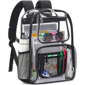 Heavy Duty Clear Backpack For Kids Women Men Boys Girls, 17 Inch Large See Through Backpack, 360 3M Reflective Strips Clear Bookbag, Transparent Bag For School College Sport Work Travel, Black