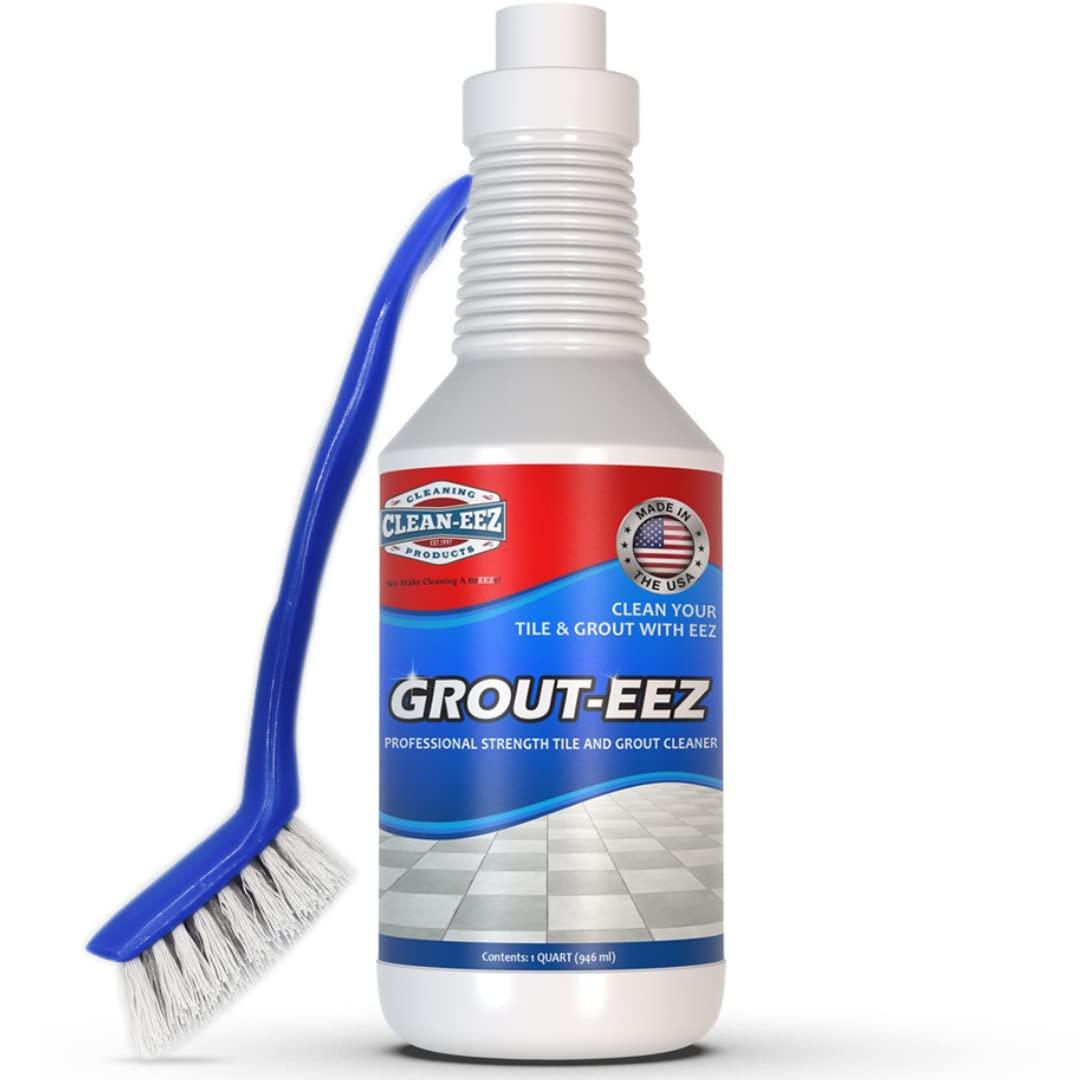 Clean-eez Grout-eez Tile Cleaner with Handheld Brush  32 oz Heavy-Duty Stain Remover for Ceramic and Porcelain Surfaces  Safe for Colored Grout  Not for Natural Stone  Bathroom & Kitchen Use