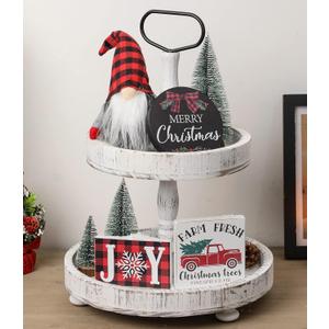 Christmas Tiered Tray Dcor Set of 7, Merry Christmas Farm Fresh Truck, Joy Wood Sign Buffalo Plaid Gnome Plush and Trees, Farmhouse Table Home Party Shelf Fireplace Mantel Decor