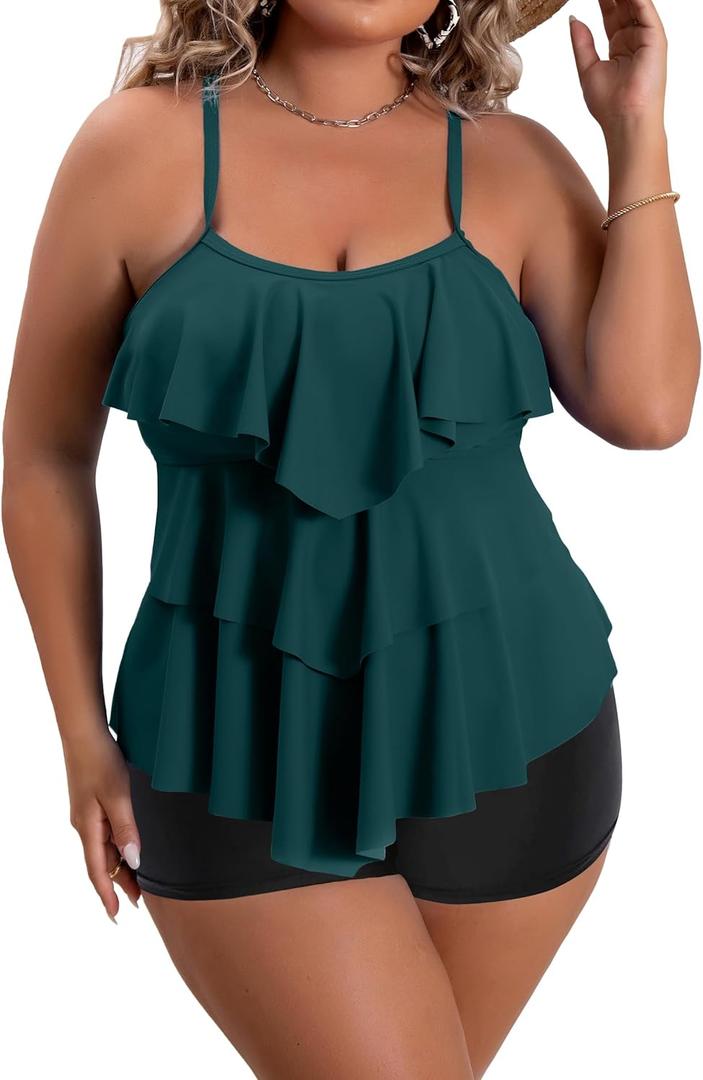 B2prity Women Plus Size Tankini Swimsuits Tummy Control Two Piece Bathing Suit Ruffled Flounce Swimwear with Shorts (Peacock Green, 18W)