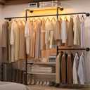 Cyclysio Industrial Pipe Clothing Rack, Reversible 7.25FT Wall Mounted Clothes Rack, Heavy Duty Garment Racks Closet Wardrobe with LED Lights& Shelves, Walk-in Closet System, White