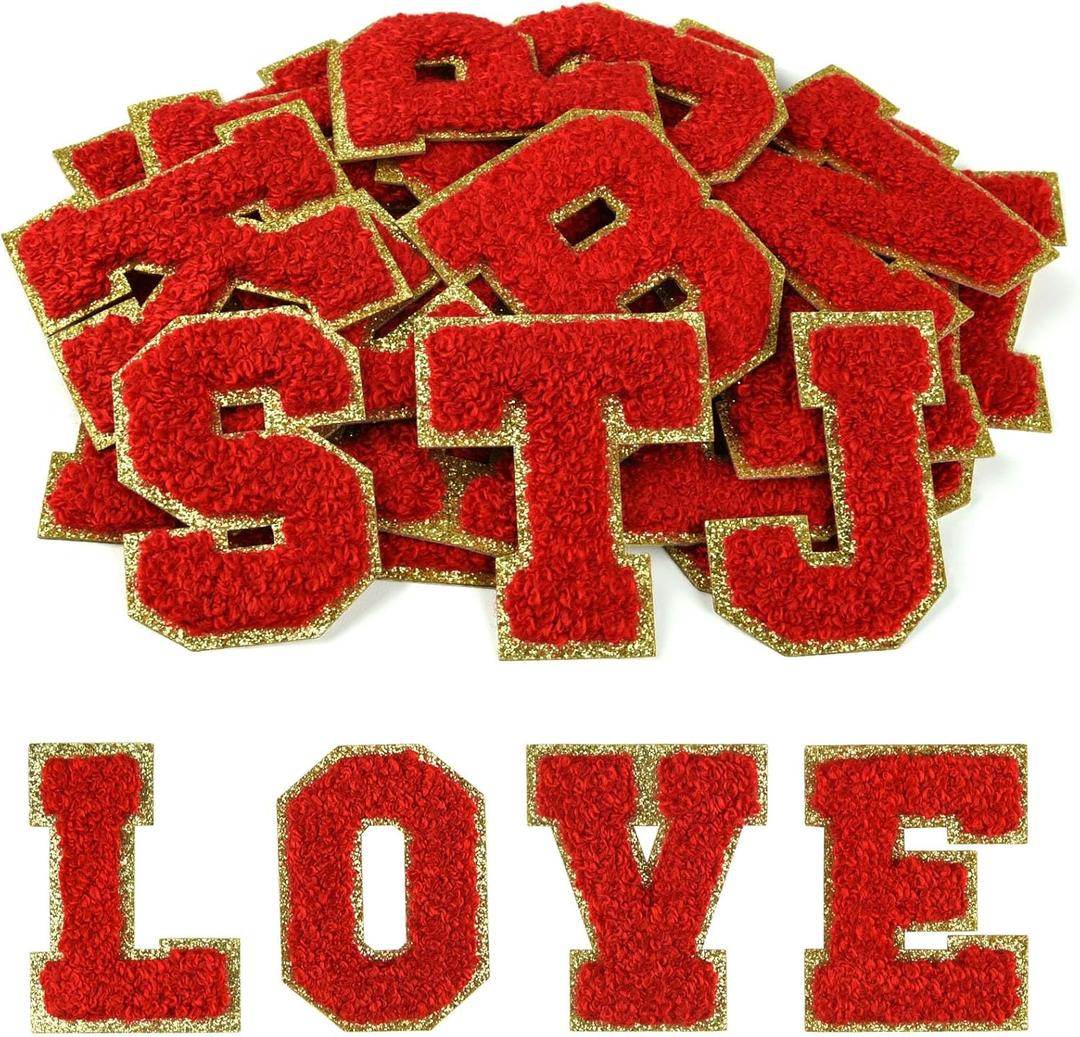 Morcheiong 26Pcs Self Adhesive Chenille Letter Patches A-Z, Chenille Letters for Clothing, Fabric, Shoes, Bags (Red)