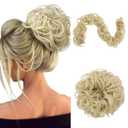 Benehair Messy Bun Scrunchie Hair Piece 32 inch DIY Wrap Around Ponytail Bleach Blonde Fluffy Pony Tail Curly Touseld Hair Bun Juva Bun Hairpiece Wavy Donut Synthetic Chignons for Women 85g