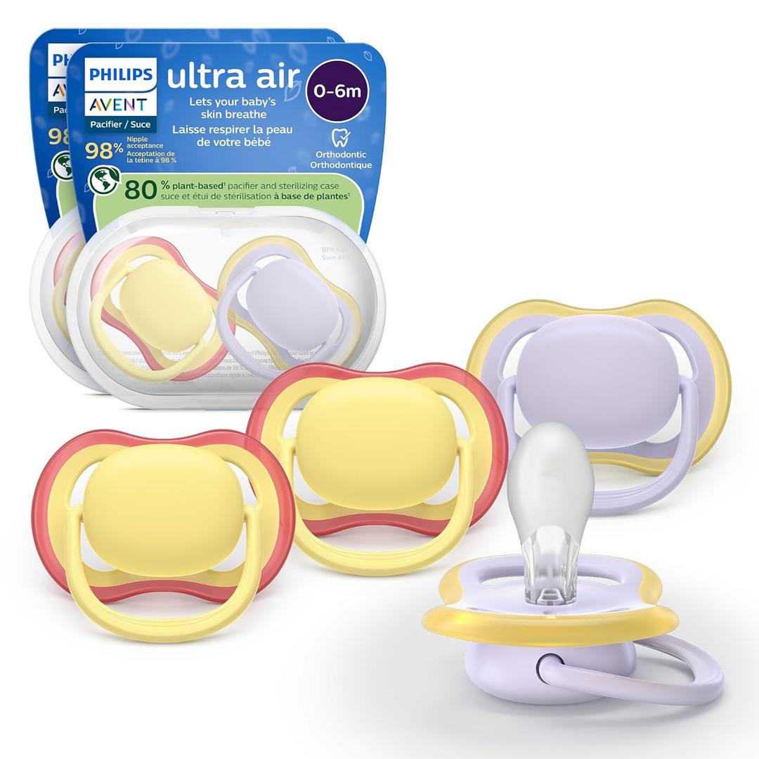 Philips Avent Ultra Air Pacifiers - Orthodontic Design, for Babies 0-6 Months, Soft Silicone Symmetrical Nipple, BPA-Free, 2 Sterilizing Cases, 4 Pack, SCF087/20 (Lilac)