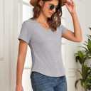 Womens T Shirts Short Sleeve V Neck Tees Basic Tshirts Ribbed Casual Top (Gray, L)