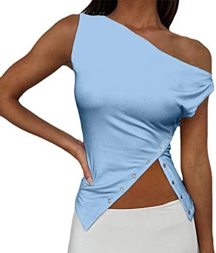 SAFRISIOR Women One Shoulder Button Sexy Crop Top Solid Sleeveless Off Shoulder Asymmetric Crop Tank Top Vest Tee Shirt, M