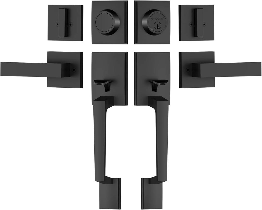 TICONN Double Front Door Handle Set, Heavy Duty Square Door Lever and Single Cylinder Deadbolt Combo for Side by Side Entrance Exterior Doors (Matte Black)