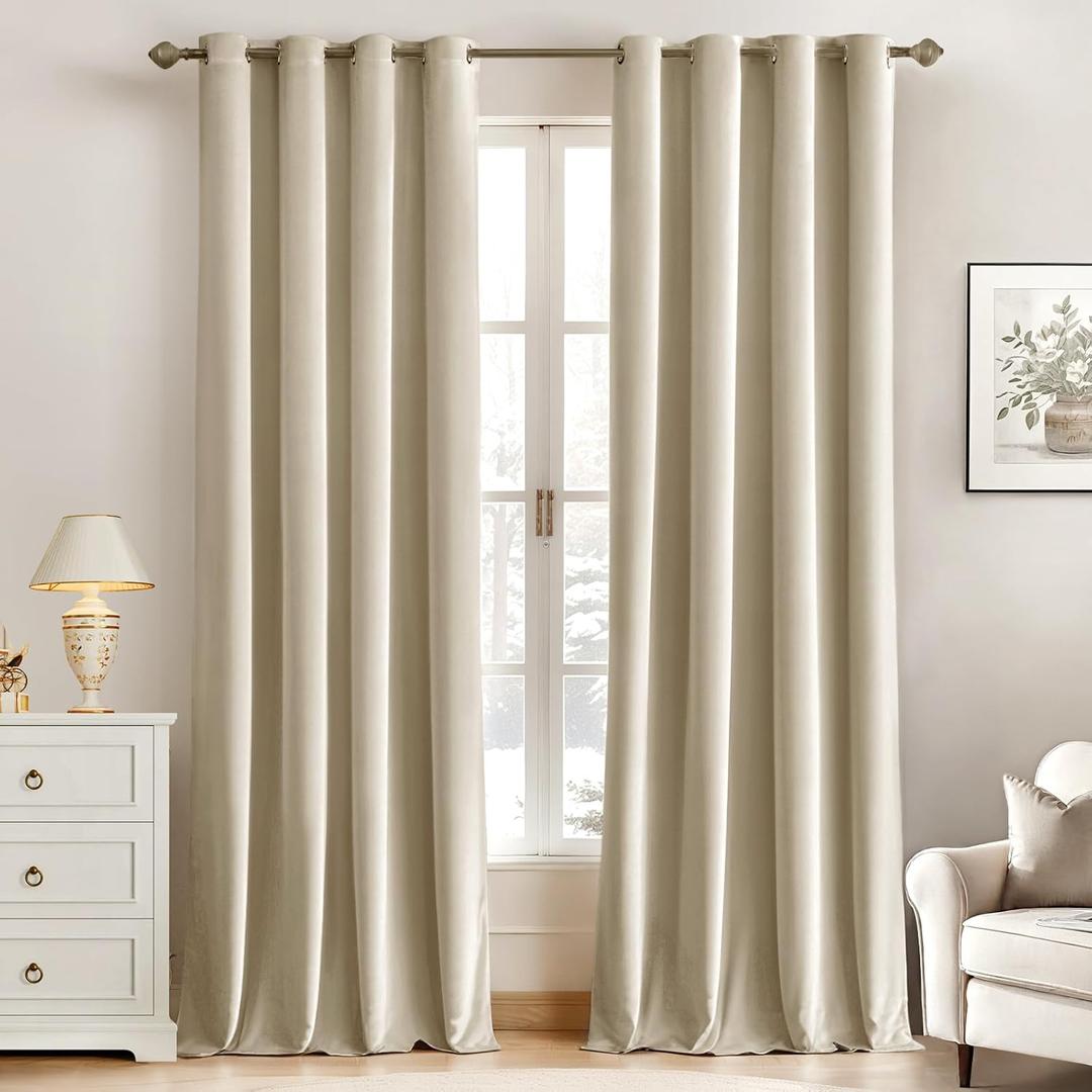 MIULEE Velvet Curtains Beige Elegant Grommet Curtains Thermal Insulated Soundproof Room Darkening Curtains/Drapes for Classical Living Room Bedroom Decor 52 x 84 Inch Set of 2
