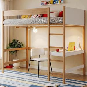 PVWIIK Twin Size Loft Bed with Desk and Upholstered Headboard and Footboard for Girls & Boys,Rubber Wooden Bed Frame with Ladder, Safety Guardrails,Natural