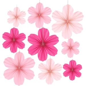 2 x Paper Flower Decorations Set, Paper Flower Ornaments Hot Pink Hanging Fan Flowers, Party Backdrop Garland for Birthday, Wedding, Baby Shower, 9 Pieces