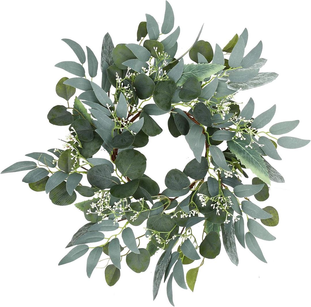 Artificial Green Eucalyptus Wreath,15 inches Greenery Wreath with Clusters of White Flowers Mini Spring/Summer Wreath for Front Door Wall Window Decor