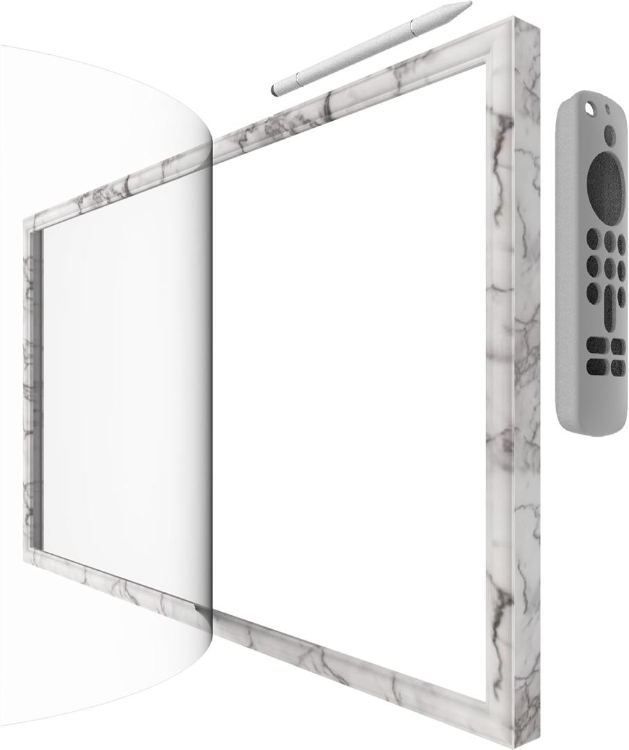 White Marble Frame with Magnet for Echo Show 21, Screen Protector, Magnet Stylus Pen,Magnet Remote Control (White Marble)
