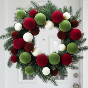 Juinte 16 Inches Christmas Ball Wreath Set for Front Door Artificial Xmas Norfolk Pine Branches Wreath with Velvet Colorful Ball Ornaments for Christmas Door Wall Mantel Decor, Red Green and White