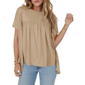 Cicy Bell Women Summer Babydoll Tops Pleated Short Sleeve Crew Neck Peplum Blouse Casual Loose Fit T Shirts (Medium, Khaki)