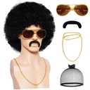 5Pcs 70S Afro Wig for Men Disco Costume Set Glasses Chain Mustache Short Curly Natural Black Hair Wig Cap Retro Rocker Wigs for 70S 80S Costume Halloween Cosplay (Fashionable)