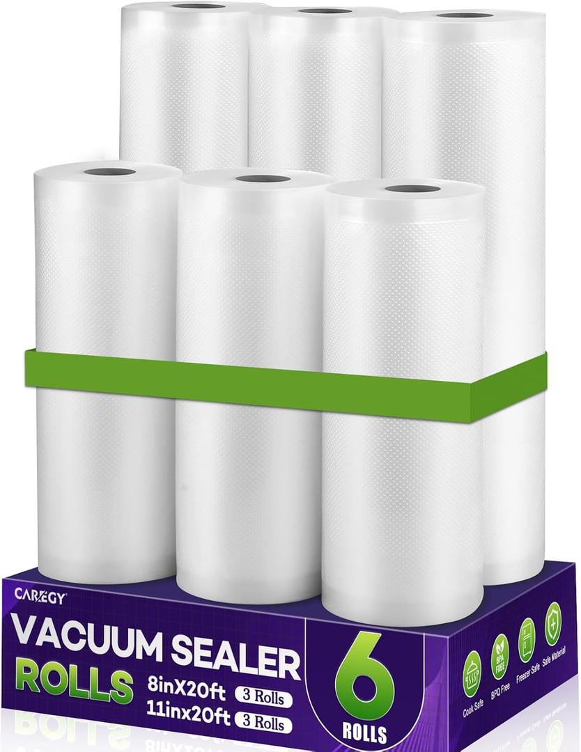 CAREGY Food Vacuum Sealer Rolls Bags 6 Pack 3 Rolls 8'' x 20' and 3 Rolls 11''x 20' Commercial Grade BPA Free Bag Rolls Embossed Food Saver Bags for Meal Prep,Sous Vide Cooking and Food Storage