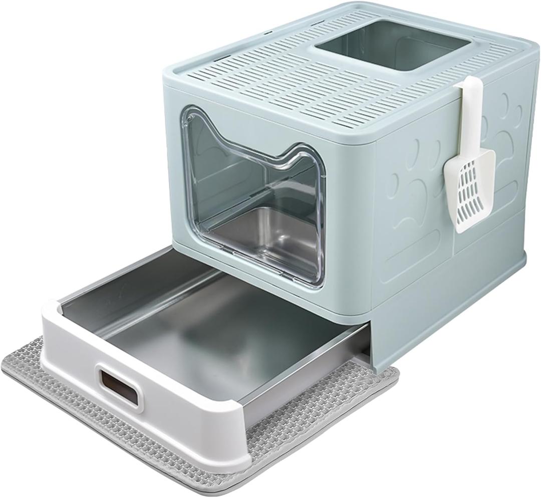 Enclosed Cat Litter Box with Lid Top Exit Covered Metal Stainless Steel Litter Box Leak Proof & Odorless Easy to Clean Including Cat Litter Scoop and Litter Mat (Blue)
