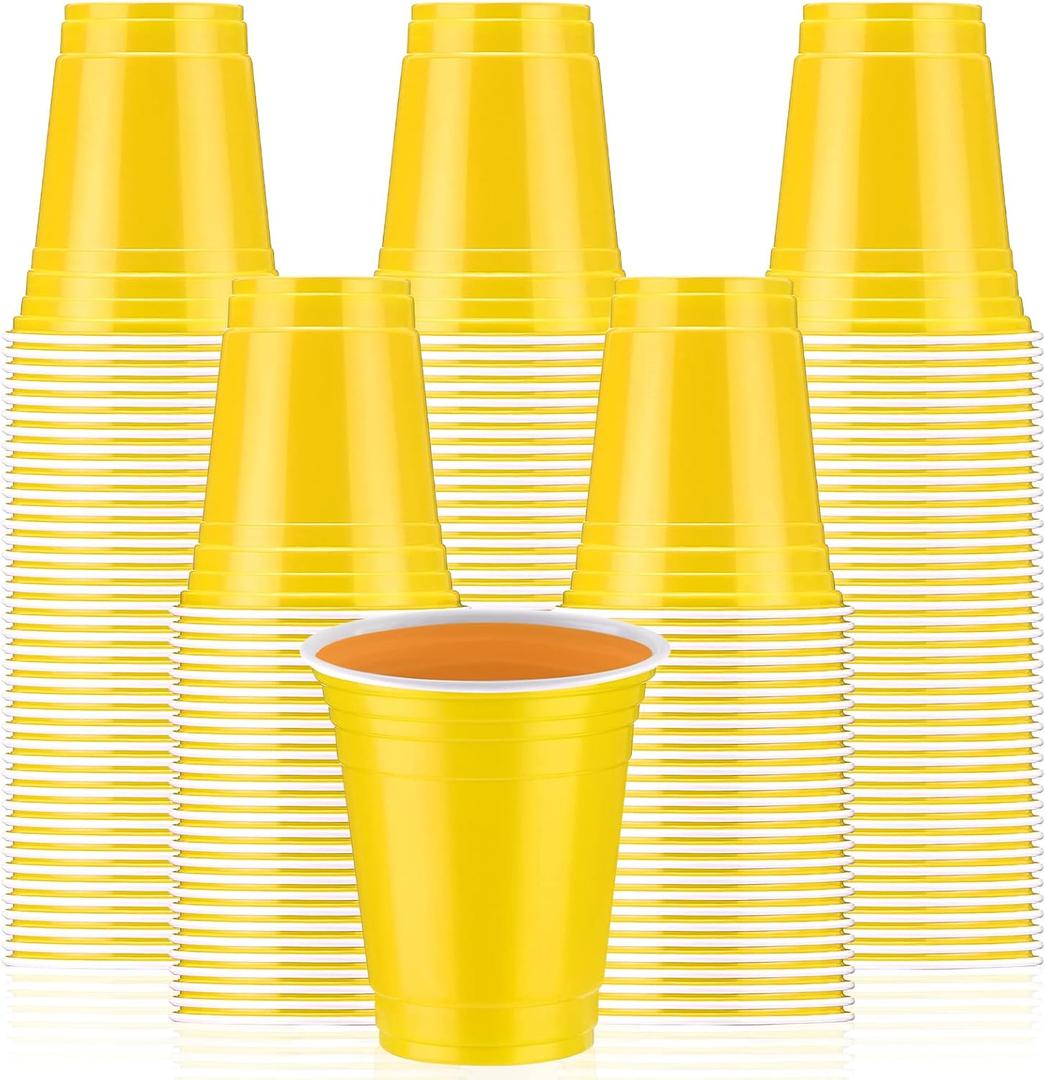 Sabary 100 Pack 12oz Plastic Cups Yellow Graduation Heavy Duty Drinking Disposable Cups with Lines for Beverage Holiday Wedding Camping Barbecues Birthday Party Outdoor Picnic(Yellow and White)