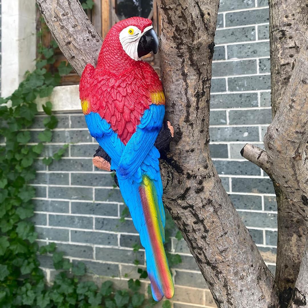 Tree Hugger Parrots, Garden Macaw Sculpture, Gorgeous Art Decor Hanging Tree Peeker Bird Figurine Ornament for Patio Lawn Home Indoor Outdoor Decorations (Red)