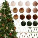 Roberly 30 Pcs Neutral Velvet Christmas Ornaments, 3.15" Flocked Hanging Balls with Velvet Bows Christmas Shatterproof Bulbs for Xmas Tree Holiday Home Decorations, Ginger Green (Deep Brown)