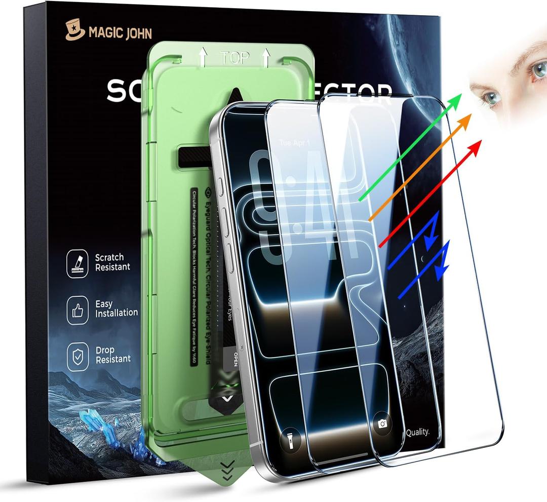 MAGIC JOHN 2 PACK for iPhone 17 Pro (6.3") Eye Protection Screen Protector, HD Clear, Auto Dust-Elimination, 9H Tempered Glass & Scratch Resistance, Full Edge Coverage