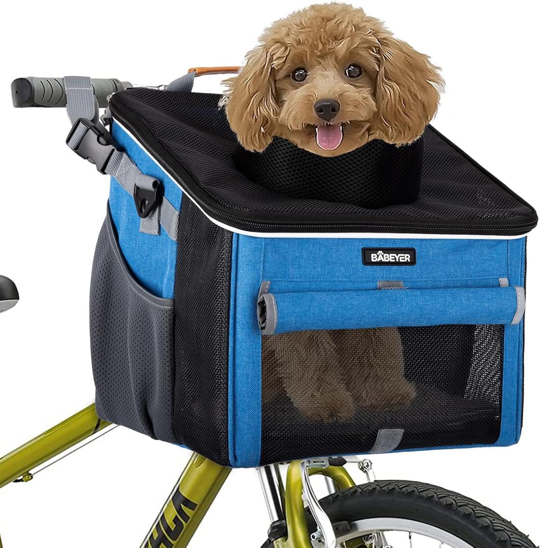 Dog Bike Basket, Soft-Sided Pet Bike Carrier with 4 Mesh Windows for Small Dog Cat Puppies - Blue Dog Bike Basket, Soft-Sided Pet Bike Carrier with 4 Mesh Windows for Small Dog Cat Puppies - Blue
