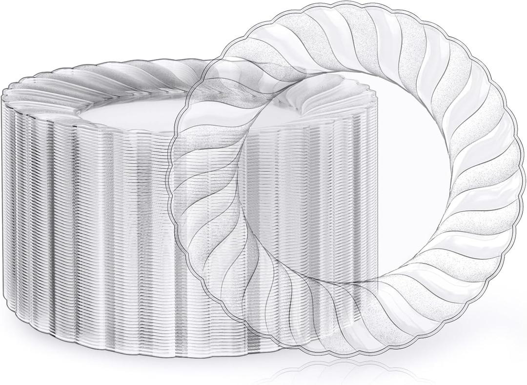 FOCUSLINE 100 Count Clear Plastic Plates 9 Inch, Disposable Heavy Duty Dinner Plates- Premium Hard Plastic Plate Fancy Disposable Clear Plates for Weddings, Parties and Events (9" Round Plates)