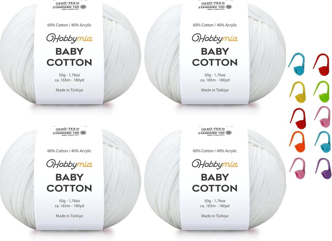 Baby Cotton Yarn for Crocheting - 50g / 180yds - (2) Fine, Sport Weight Yarn - Amigurumi Yarn for Crochet Thread - 60% Cotton & 40% Acrylic & 10 Stitch Makers (White, 4 Balls)