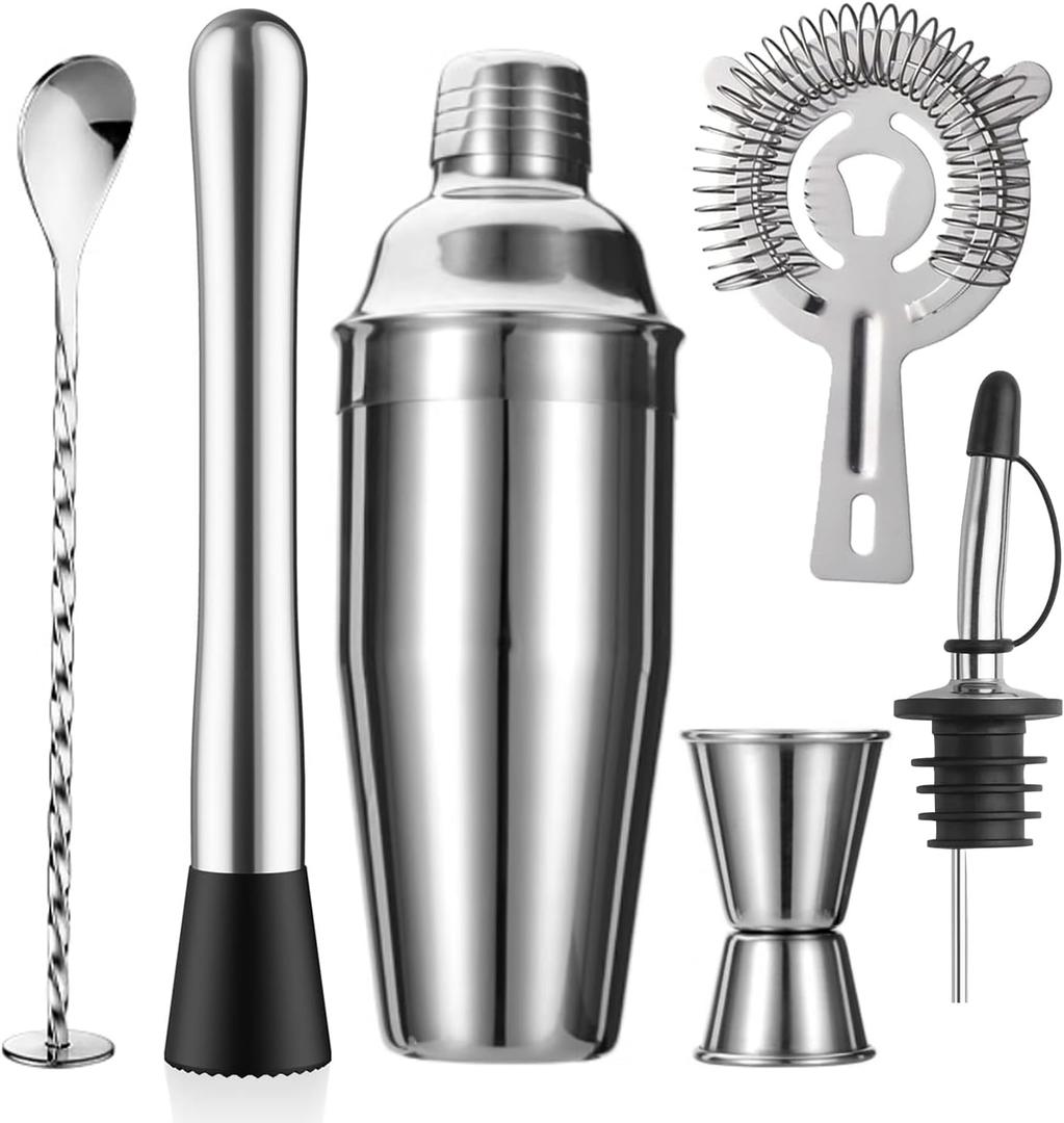 ZPUFAW 6-Piece Cocktail Shaker Set 24oz Shaker Strainer Muddler Jigger Mixing Spoon Pour Spout Bartender Kit Stainless Steel Bar Set Housewarming Gift