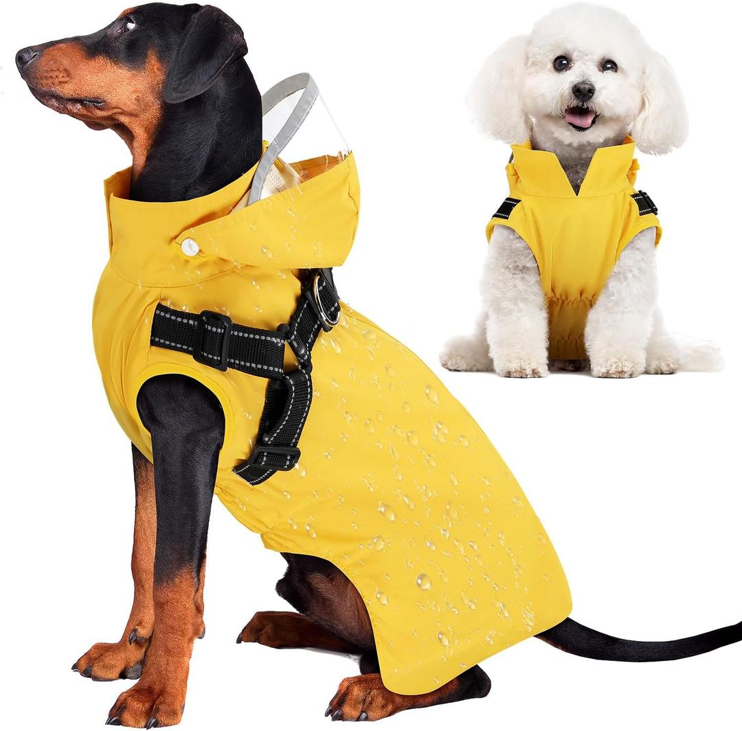 Lukovee Dog Raincoat - Waterproof Rain Jacket with Harness & Removable Hood, Reflective Double Layer Dog Rain Coat Poncho for Dogs Puppy (M, Y)