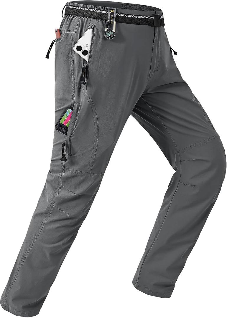 TBMPOY Men's Lightweight Hiking Pants with Belt 5 Zip Pockets Waterproof Quick-Dry Travel Fishing Work Outdoor Pants, Medium 