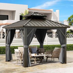 10'x10' Hardtop Gazebo, Heavy Duty Aluminum Permanent Hardtop Gazebo Outdoor Pavilion with Curtains and Netting for Garden (Gray, 10'x10')