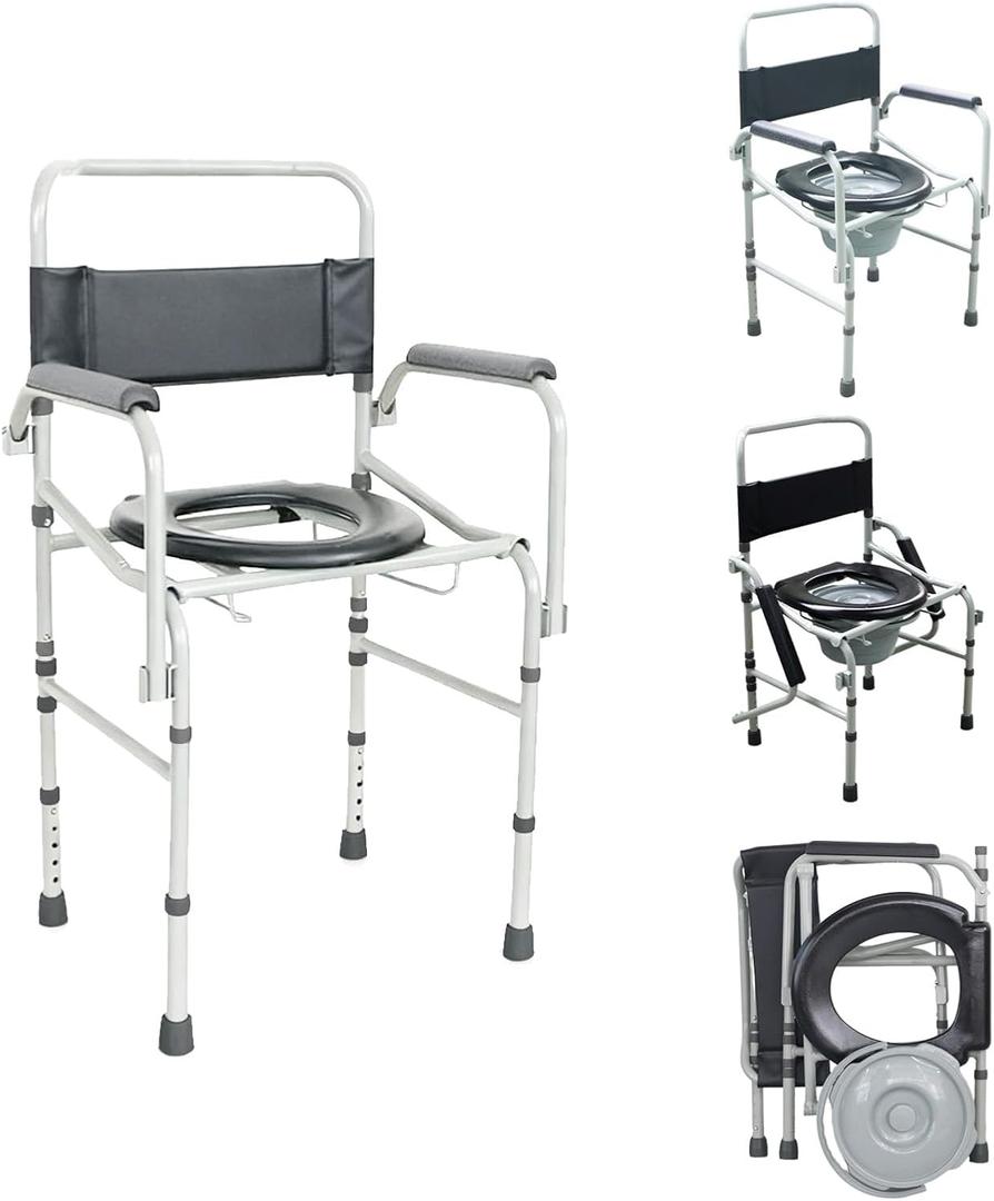 Drop Arm Bedside Commode, Commode Toilet with easy clean Seat and Backrest, 330lbs Capacity, Removable Bucket and Splash Guard, Adjustable Height Portable Toilet for Adults, Black Color