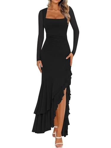 BORIFLORS Women's Bodycon Ruched Mesh Long Sleeve Maxi Dress Mermaid Ruffle Formal Cocktail Party Long Dresses, Small, Black