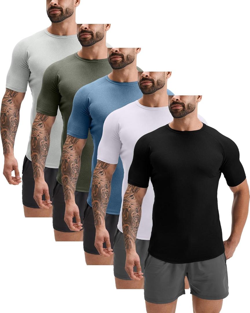 GYM REVOLUTION Men's 5 Pack Workout Gym Hipster Curved Hem Muscle Fitness Hip Hop T Shirts (Medium)