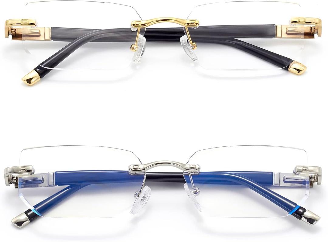 Rimless Reading Glasses, Spring Hinge Readers, Diamond Cut Edge Design Blue Light Glasses (A-06: Golden Silver With Hard Cases)