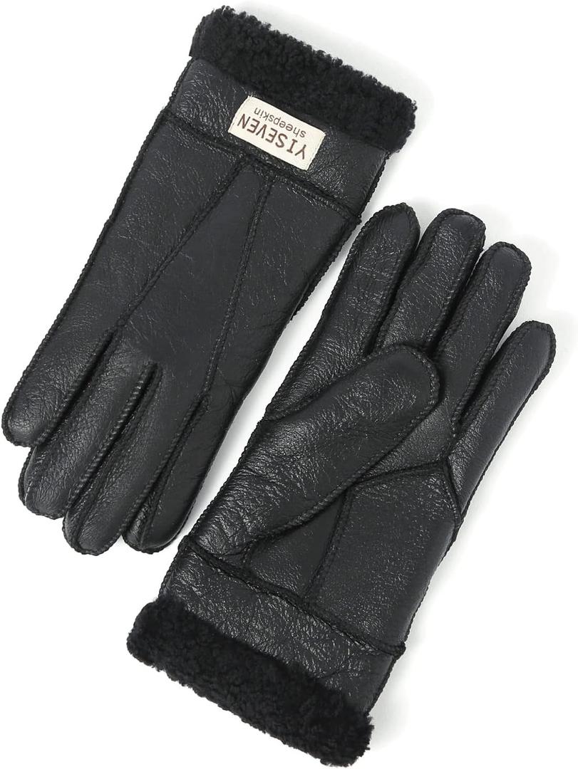 YISEVEN Women's Winter Sheepskin Shearling Leather Gloves Wool Cuffs (Black, L)