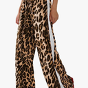 Women's Casual Pants Drawstring Leopard Print Color Block Side Striped Straight Leg Wide Leg Loose Pants Small
