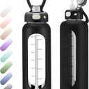 SIEROZUR 32 oz Glass Water Bottle with Straw and Handle 1 Liter Glass Water Bottle with Silicone Sleeve and Time Marker Sports Water Jug Wide Mouth for Travel Gym (Black)
