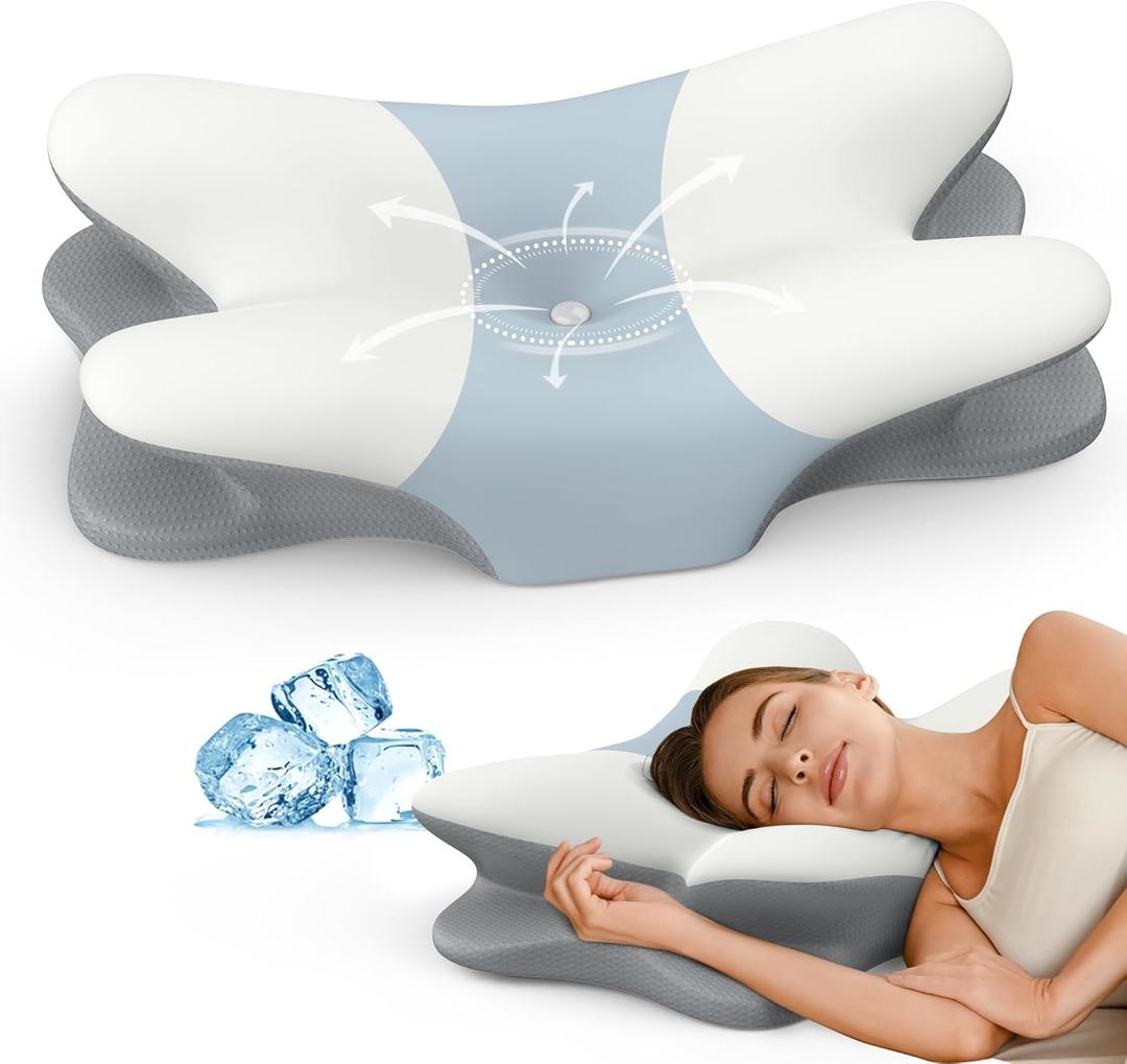 Cervical Neck Pillow - Contour Memory Foam Pillows for Pain Relief, Ergonomic Pillow for Sleeping, Side Sleeper Pillow for Neck Support, Orthopedic Bed Pillow for Back Stomach Sleepers(White & Blue)